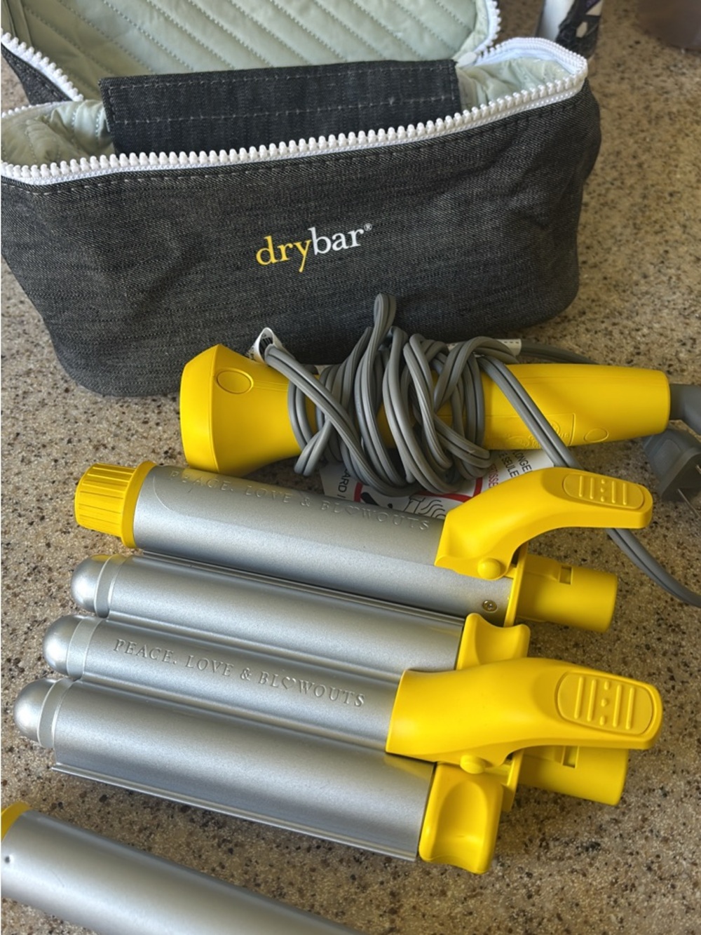 Drybar Yellow and Silver Triple Barrel Curling Iron Set with Travel Case